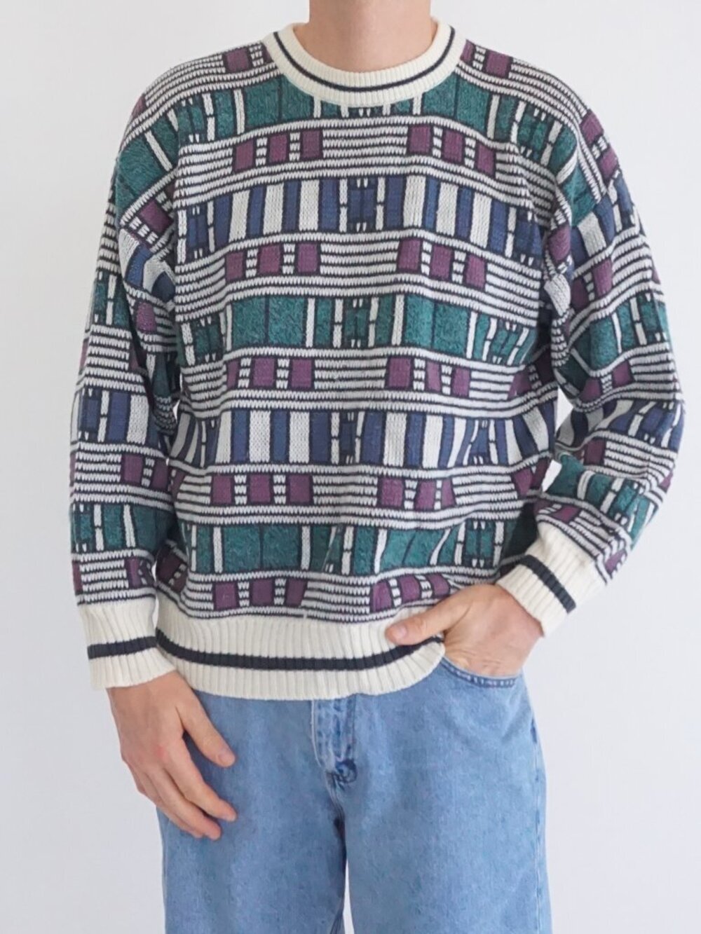 Vintage IZOD Cream Teal Purple Geometric Abstract Knit Casual Sweater Acrylic L